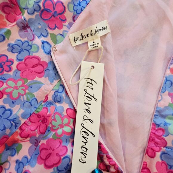 For Love & Lemons Angie Mini Dress Womens L Blue Pink Floral Corset Puff Sleeve - Picture 14 of 16